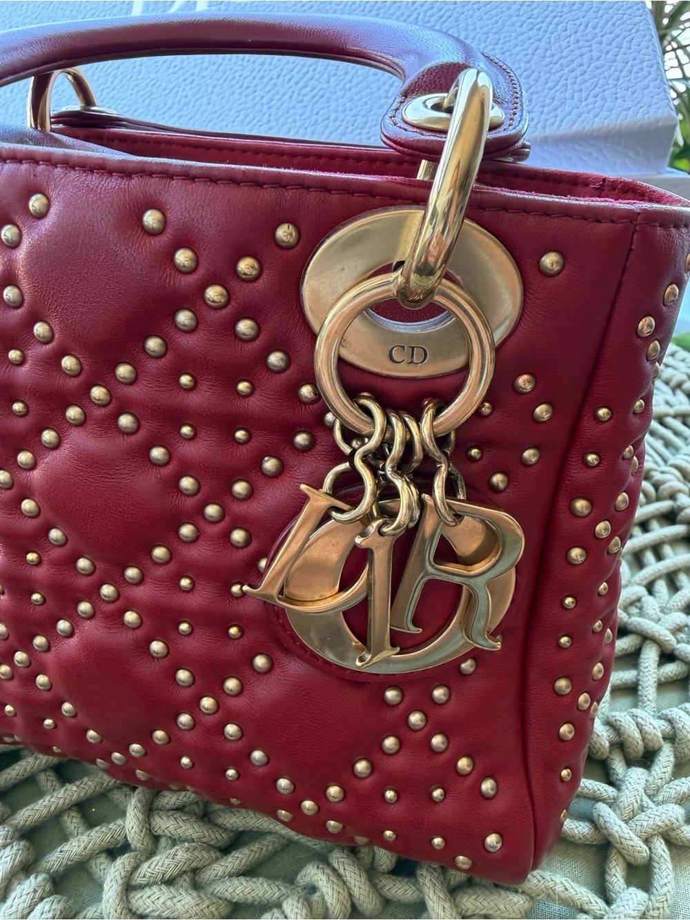 Dior Burgundy Studded Mini Lady Bag with Gold Hardware - Picture 2 of 9